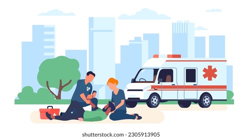 Ambulance doctors perform resuscitation on person lying there. Paramedic work. Hospital automobile on city landscape. Health care and medicine. Cartoon flat style