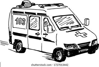 Ambulance Doodle Drawing, Single Isolated Ink Vector Illustration