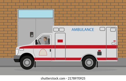 An ambulance with a driver stands near the house