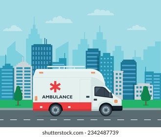 Krankenwagen auf der Straße zum Krankenhaus. Hintergrund der Stadt und der Baumlandschaft. Medizinisches Konzept flach Design. Vektorgrafik.