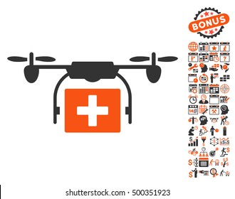 Ambulance Drone icon with bonus calendar and time management graphic icons. Vector illustration style is flat iconic symbols, orange and gray colors, white background.