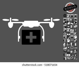 Ambulance Drone pictograph with bonus calendar and time service icon set. Vector illustration style is flat iconic symbols, black and white colors, gray background.