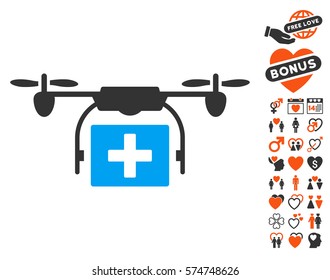 Ambulance Drone pictograph with bonus love icon set. Vector illustration style is flat iconic elements for web design, app user interfaces.