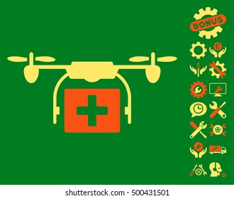 Ambulance Drone pictograph with bonus options graphic icons. Vector illustration style is flat iconic symbols, orange and yellow colors, green background.