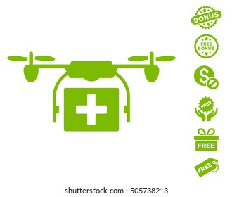 Ambulance Drone pictograph with free bonus design elements. Vector illustration style is flat iconic symbols, eco green color, white background.