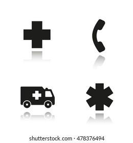 Ambulance drop shadow black icons set. Hospital cross sign, hot line telephone symbol, ambulance car, star of life. Isolated vector illustrations