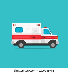 Ambulance emergency automobile car vector illustration, flat cartoon medical vehicle auto side view isolated