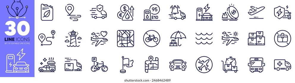 Ambulance emergency, Canister and Waves line icons pack. Car, Food delivery, Fuel price web icon. Delivery truck, Bus, Bicycle prohibited pictogram. Gas price, Journey, Honeymoon travel. Vector