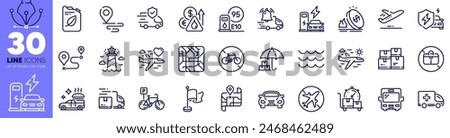 Ambulance emergency, Canister and Waves line icons pack. Car, Food delivery, Fuel price web icon. Delivery truck, Bus, Bicycle prohibited pictogram. Gas price, Journey, Honeymoon travel. Vector