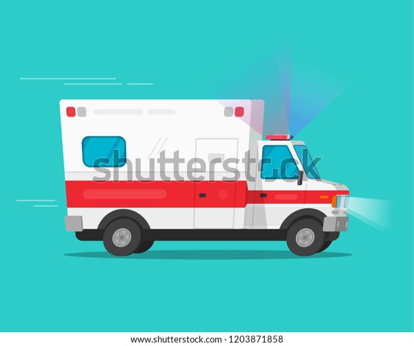 Ambulance emergency car or automobile moving\
fast vector illustration, flat cartoon comic medical vehicle auto\
with flasher light or siren\
isolated