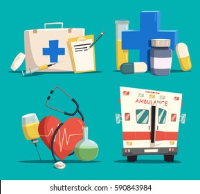 Ambulance or emergency car or bus, first aid kit with syringe and tablet or lozenge, cross and pill, tube or flask, jar and heart with pulse and stethoscope. Medicine or healthcare, pharmacy, doctor