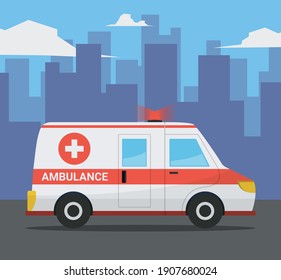 Ambulance emergency car with city background. Vector illustration