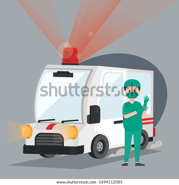Ambulance emergency\
car with doctor. Ambulance vehicle medical evacuation. Vector\
illustration character\
design.