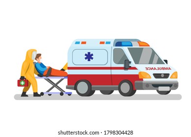 Ambulance emergency car with doctor wear hazmat suit carrying patient to hospital concept in cartoon illustration vector isolated in white background