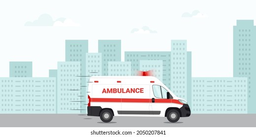 Auto de emergencia de ambulancia conduciendo por la carretera en la ciudad. Auto de primeros auxilios. Ilustración vectorial.