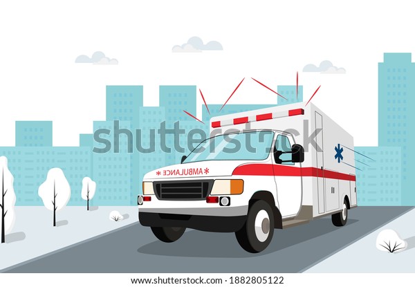 Ambulance emergency car driving on the road\
in the city and trees landscape. Medical concept flat design.\
Vector illustration.