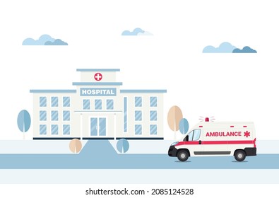 Ambulance emergency car on the road to the hospital. Medical concept flat design. Vector illustration.
