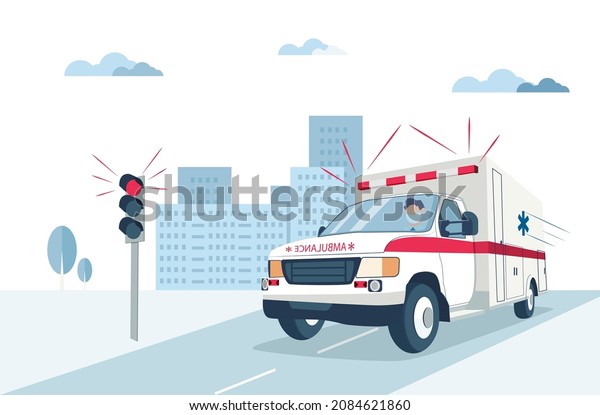 Ambulance emergency car runs a red traffic\
light on the road in the city. Medical concept flat design. Vector\
illustration.