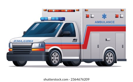 Ilustración del vector del vehículo de emergencia de ambulancia. Vehículo médico aislado sobre fondo blanco