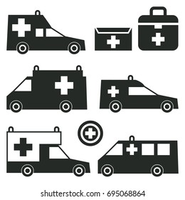 Ambulance or Emergency cars signs or symbols isolated on white background set. Ambulance car silhouettes. Vector illustration. 
