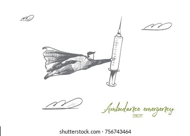 Ambulance emergency concept. Hand drawn superhero with syringe in hand. Flying hero as symbol of power of medicine isolated vector illustration.