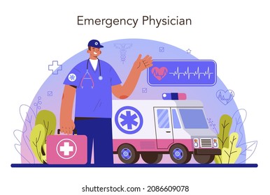 Ambulance. Emergency doctor in the uniform performing first aid. Paramedics urgent care. Healthcare, modern medicine treatment. Flat vector illustration