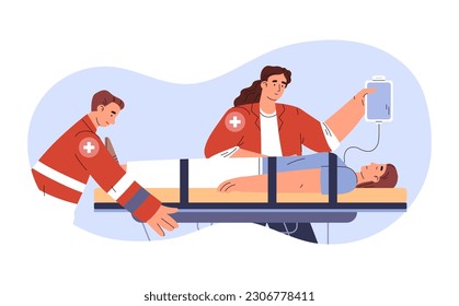 Ambulance emergency doctors carried lying illness woman on stretcher flat style, vector illustration isolated on white background. Health, decorative design element, emotional characters