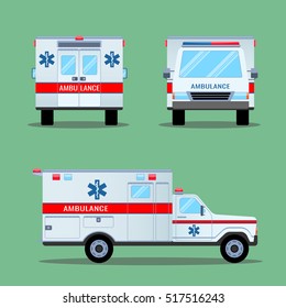 Ambulance emergency icon. Back, front and side view. Ambulance car transport. Ambulance emergency medical evacuation auto. High quality service ambulance car in flat style. Vector illustration