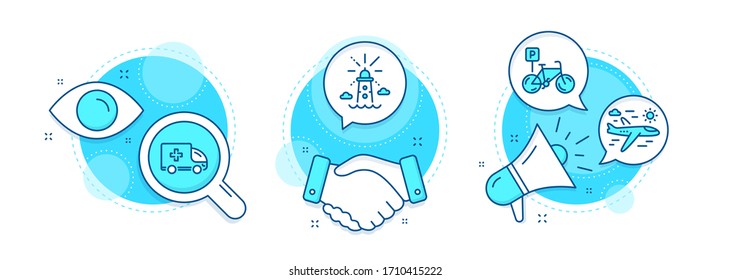 Ambulance emergency, Lighthouse and Bicycle parking line icons set. Handshake deal, research and promotion complex icons. Airplane travel sign. Medical transport, Navigation beacon, Bike park. Vector