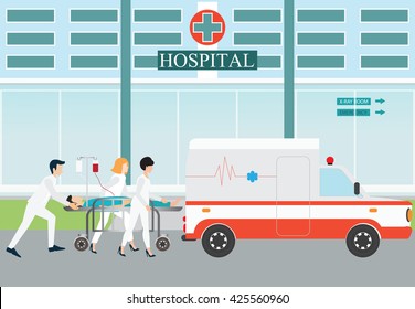 Ambulance Emergency Medical Evacuation Accident With Carry Patient Bed On Hospital Background, Vector Illustration. 