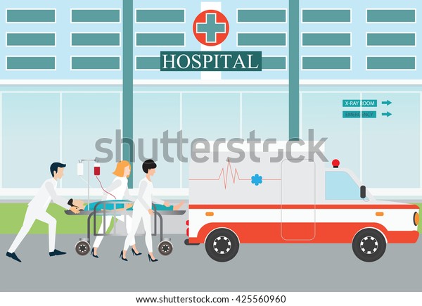 Ambulance\
emergency medical evacuation accident with carry patient bed on\
hospital background, vector illustration.\
