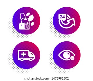Ambulance emergency, Mint bag and 24 hours icons simple set. Halftone dots button. Myopia sign. Medical transport, Mentha tea, Repeat. Eye vision. Medical set. Vector