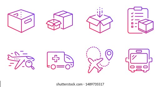 Ambulance emergency, Packing boxes and Parcel checklist line icons set. Airplane, Get box and Office box signs. Search flight, Bus symbols. Medical transport, Logistics check. Vector