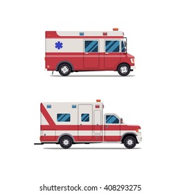 Ambulance emergency paramedic car. Vector modern creative flat design. First aid transportation. Isolate on white background. Set