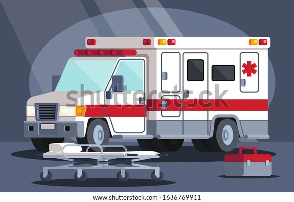 Ambulance
emergency paramedic car. Vector modern creative flat design.
Malformed medical stretcher, paramedic bag. First aid
transportation. Isolate on white background.
