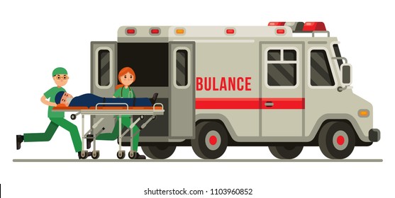 Ambulance emergency paramedic carrying patient in stretcher flat style vector illustration