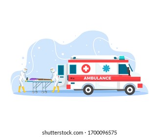 Ambulance emergency paramedic carrying patient in stretcher. Doctor who save patients from Coronavirus outbreak fighting covid-19. Vector illustration in a flat style