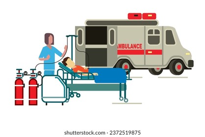 Ambulance emergency paramedic carrying patient in stretcher with oxygen cylinder flat style vector illustration