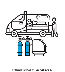 Ambulance emergency paramedic carrying patient in stretcher with oxygen cylinder flat style vector line work illustration