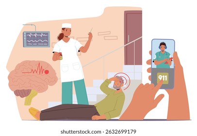 Ambulance emergency service call app to help man fallen with terrible headache on home stairs. Dial 911 for healthcare and medical rescue team first aid for people in accident vector illustration