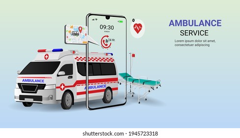 Ambulance emergency service online on mobile application with ambulance car and stretcher. On call 24 Hr. Healthcare and medical. Digital health concept. 3D vector illustration