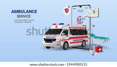 Ambulance emergency service online on mobile application with ambulance car, stretcher and medical equipment, On call 24 Hr, Healthcare and medical. Digital health concept. 3D vector illustration
