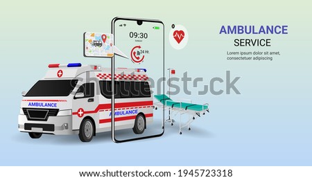 Ambulance emergency service online on mobile application with ambulance car and stretcher. On call 24 Hr. Healthcare and medical. Digital health concept. 3D vector illustration