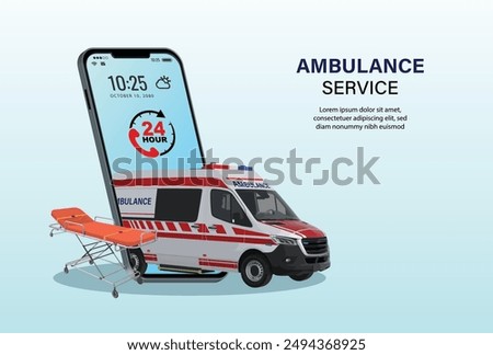 Ambulance emergency service online on mobile application with ambulance car and stretcher. On call 24 Hr. Healthcare and medical. Digital health concept. 3D vector illustration
