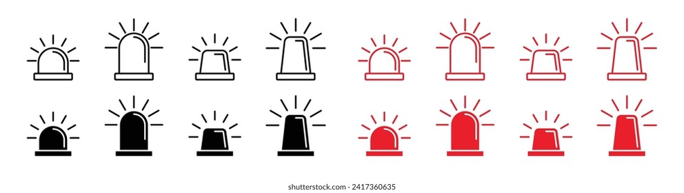 Conjunto de iconos de vector de sirena de emergencia de ambulancia. símbolo de alarma de alerta de urgencia en color negro y rojo.