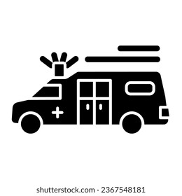 Ambulance emergency solid icon, medical concept, urgent transportation with siren sign on white background, hurrying ambulance truck with signals icon in glyph style. Vector graphics