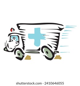 Ambulance emergency truck or car moving fast vector illustration, hand drawn flat humorous medical vehicle