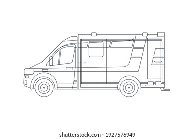 Ambulance Emergency Vehicle in Line. Modern Flat Style Vector Illustration. Social Media Template.