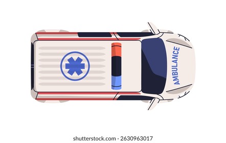 Ambulância, veículo de emergência, vista de cima para baixo. Van médica com símbolo de estrela da vida no telhado, sirene leve. Transporte paramédico de cima. Ilustração de vetor plano isolada no plano de fundo branco