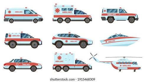 Ambulance emergency vehicles. Official city ambulance cars, helicopter and boat. City emergency service cars vector illustration set. Ambulance car with siren, city emergency vehicle